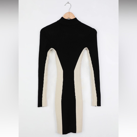 Black and Beige Block Bodycon Sweater Dress - Picture 6 of 13